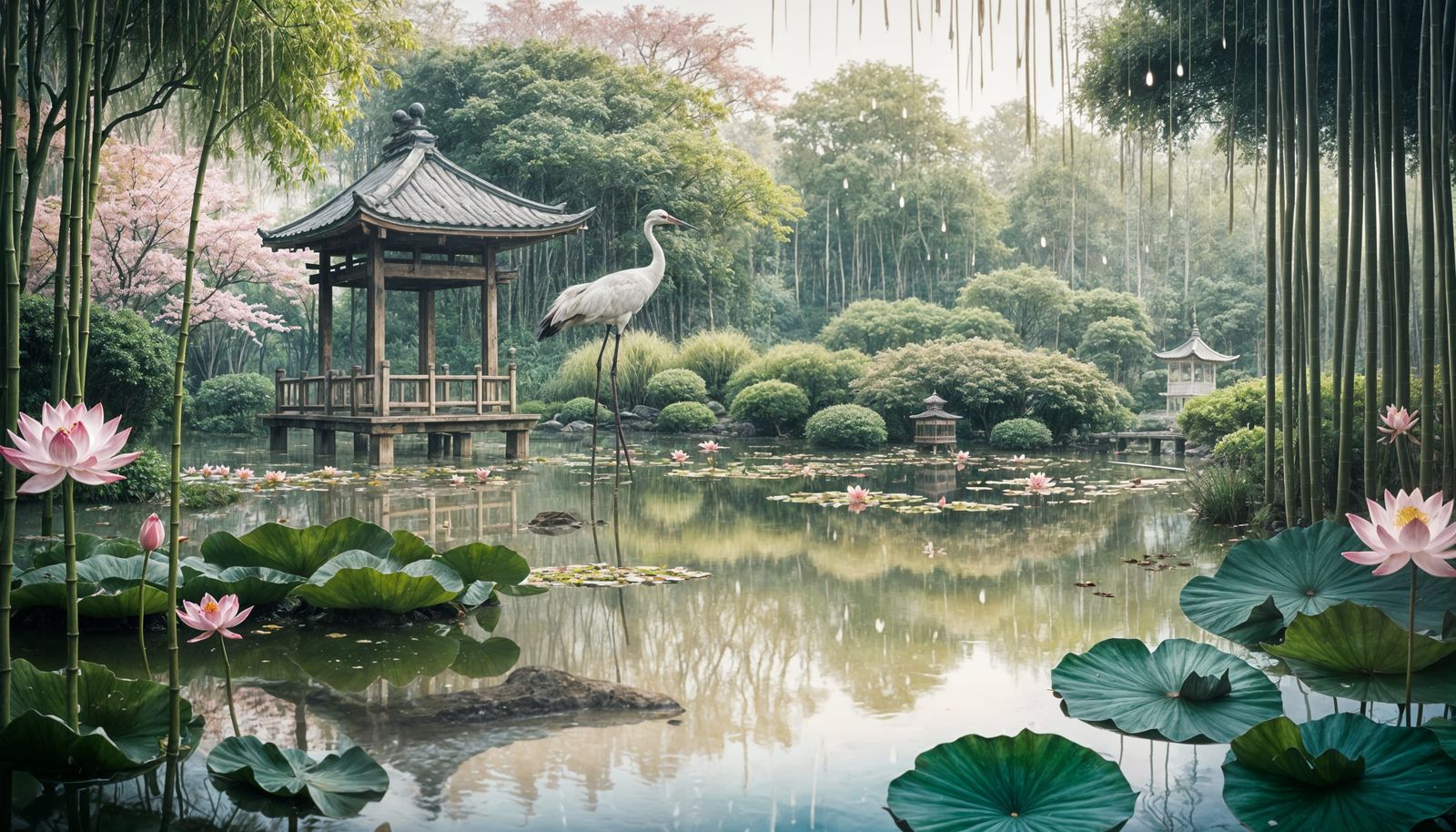 Traditional Japanese Lotus Garden in Serene Morning Light