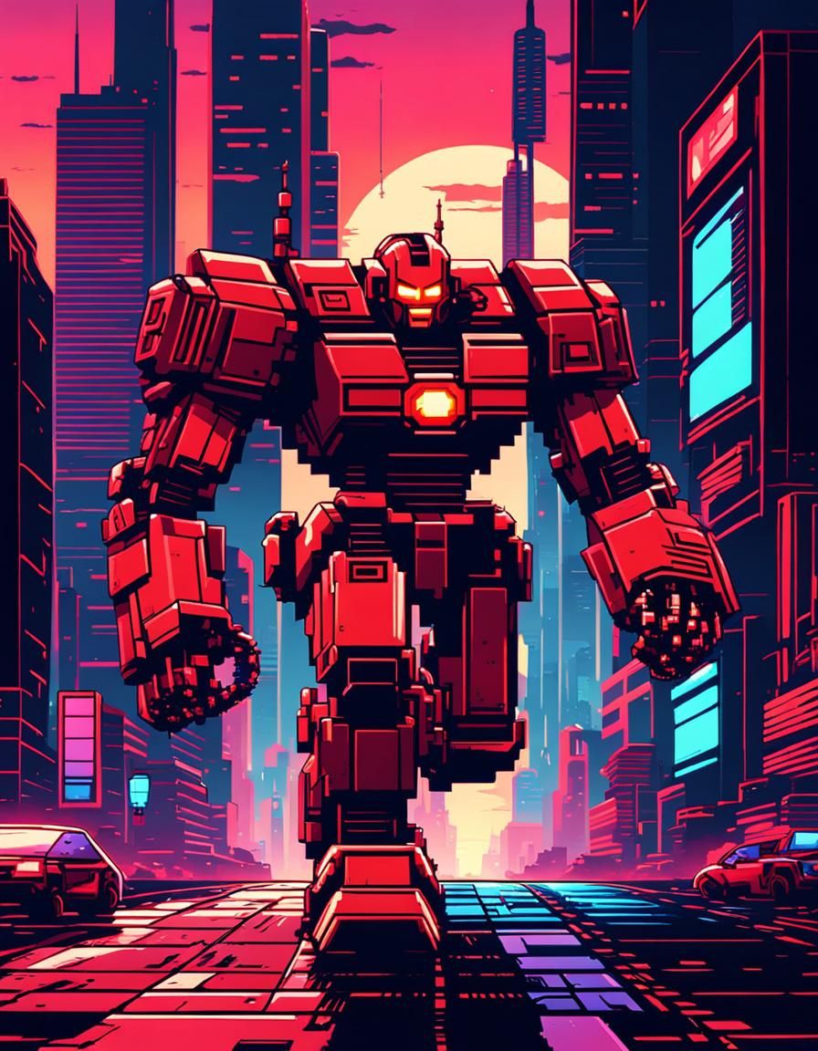 Red Robot Runs in 8-bit Cyberpunk City