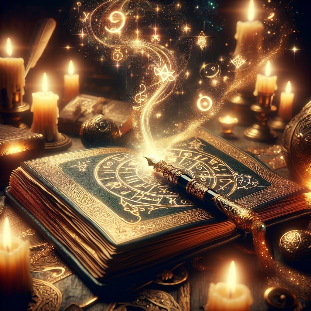 Magical Pen Writes Golden Symbols in Spellbook