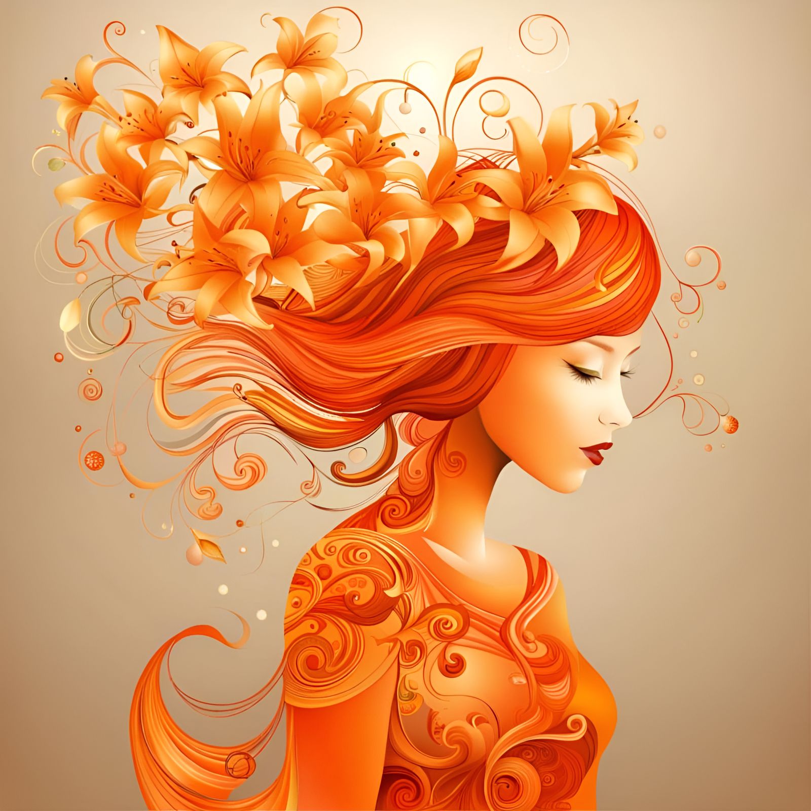 Red-Haired Princess with Tiger Lilies in Fractal Art