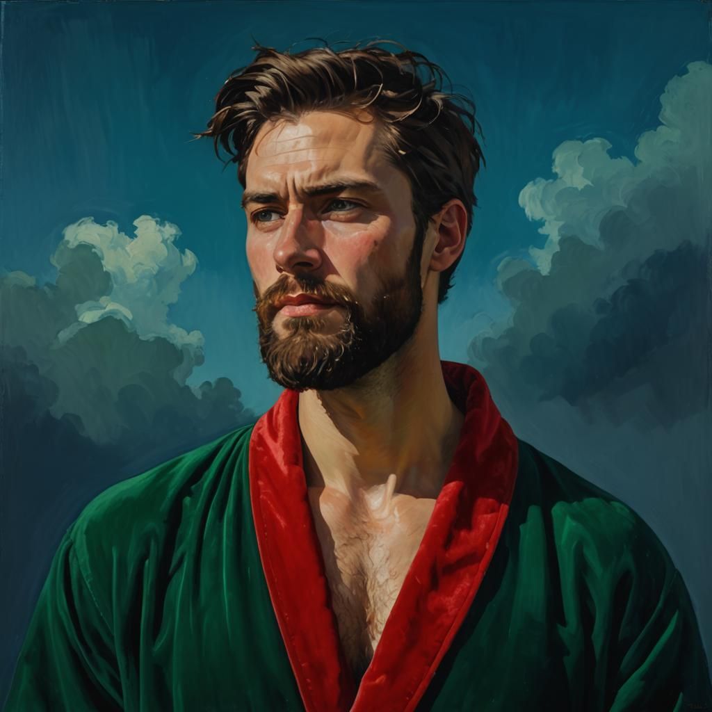 Man in Green Velvet Robe, Neo-Expressionist Oil Painting