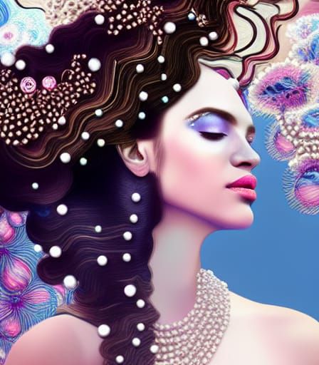 Elaborate Flowing Portrait with Flowers and Pearls