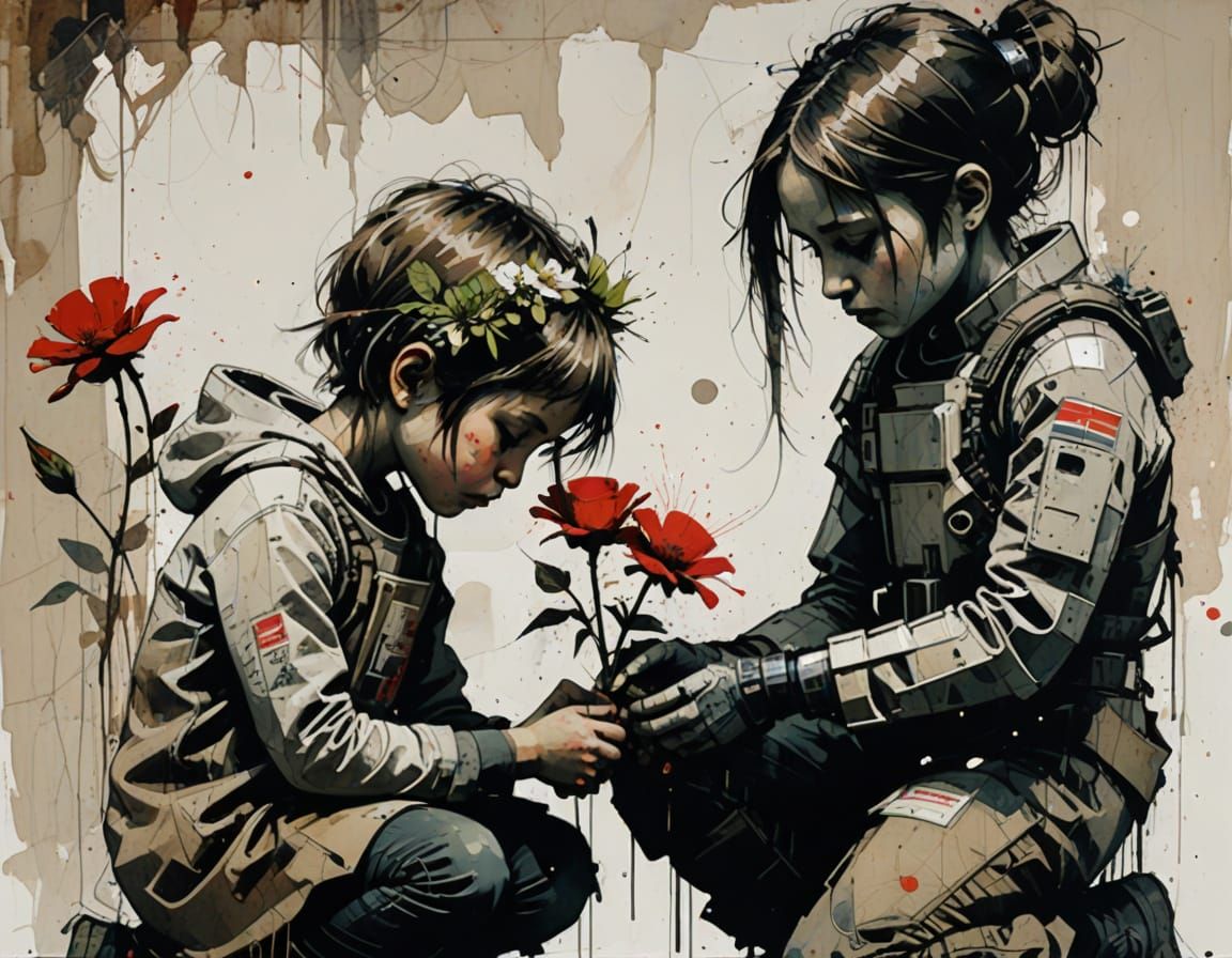 Cyborg and Girl with Flower, in Street Art Style