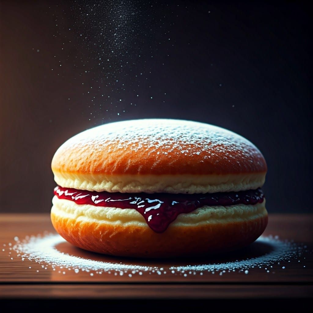 Sweet, Juicy Donut Overflowing with Jam and Sugar in Vibrant...