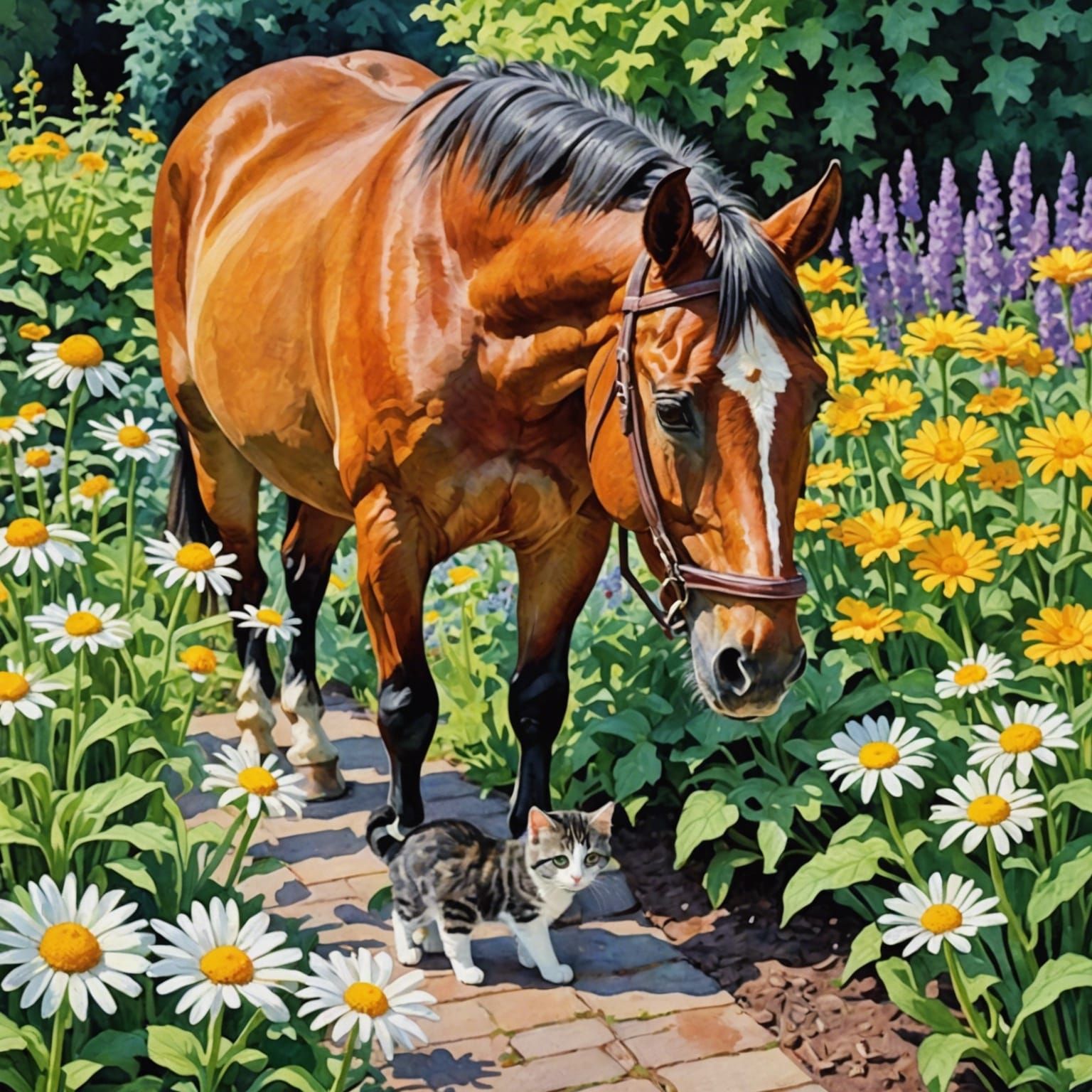 Horse and Cat in Garden, Impressionist Watercolour