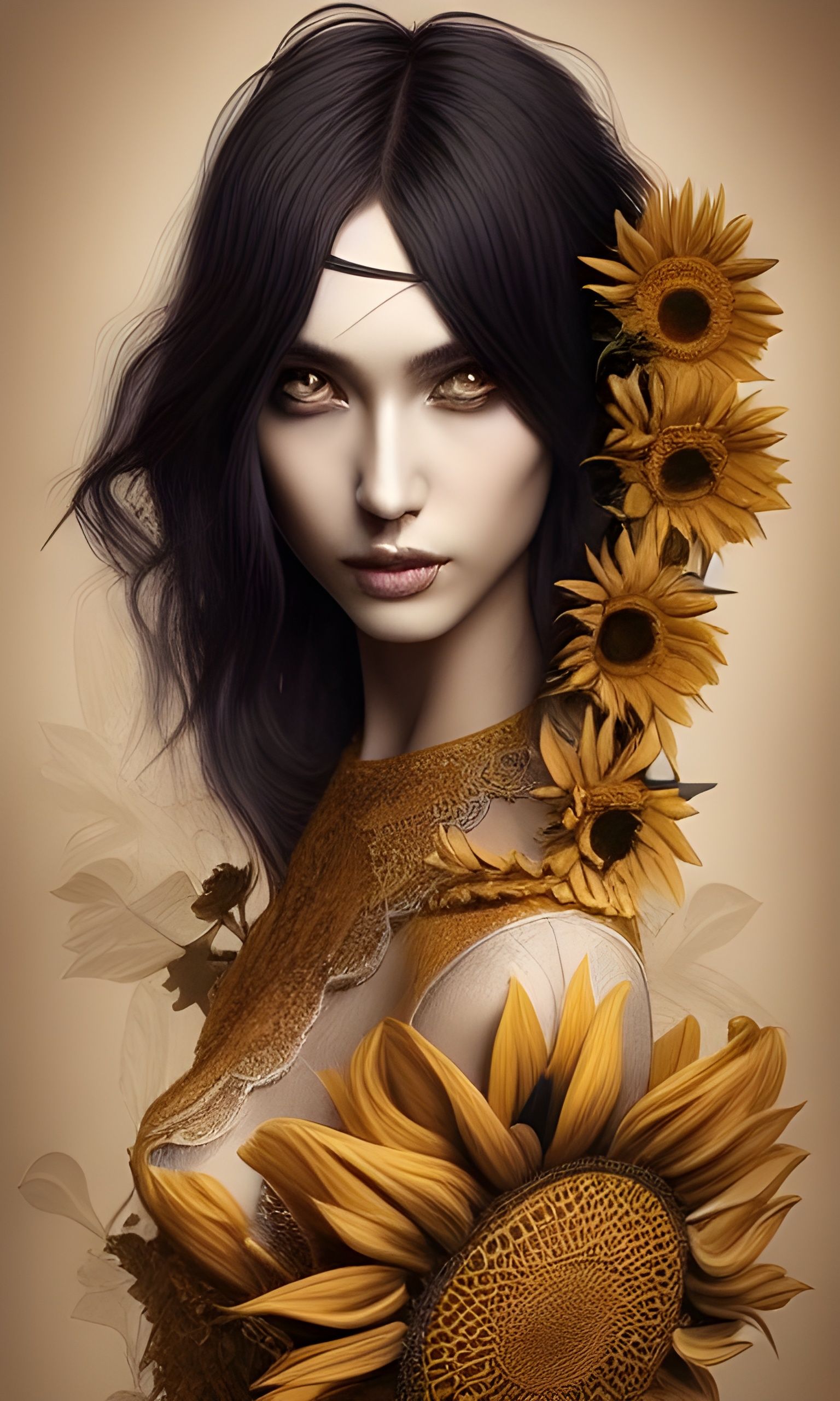 Sultry Priestess in Rococo Lace with Sunflowers