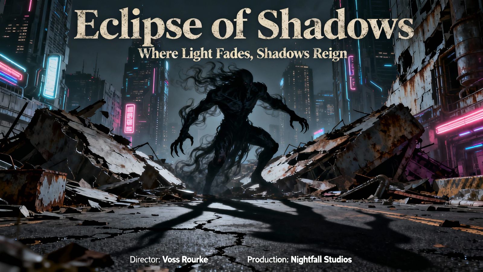 Dark Fantasy Sci-Fi Poster: Shadow Entity in Cyberpunk City