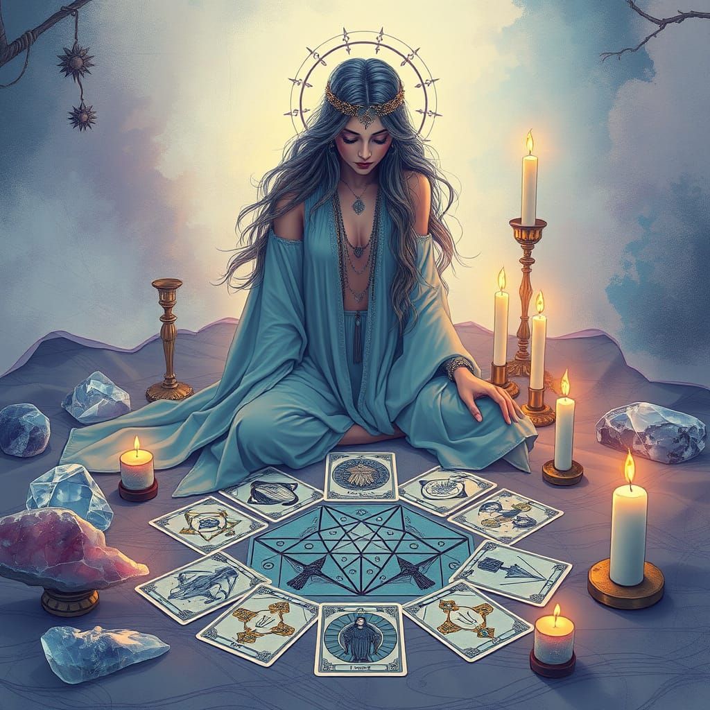 Mystical Woman with Tarot Cards, Surreal Digital Art