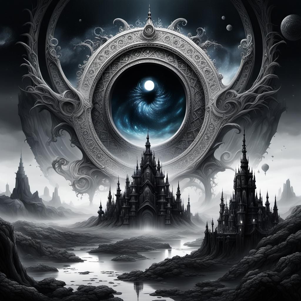 Monochrome Cosmic Spiral with Eyes, Detailed Matte Painting