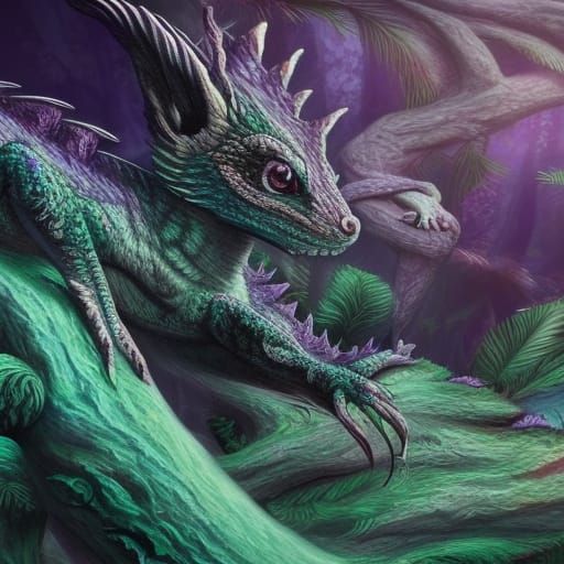 Chromatic Dragon, Wolf, and Cat in Fantasy Forest