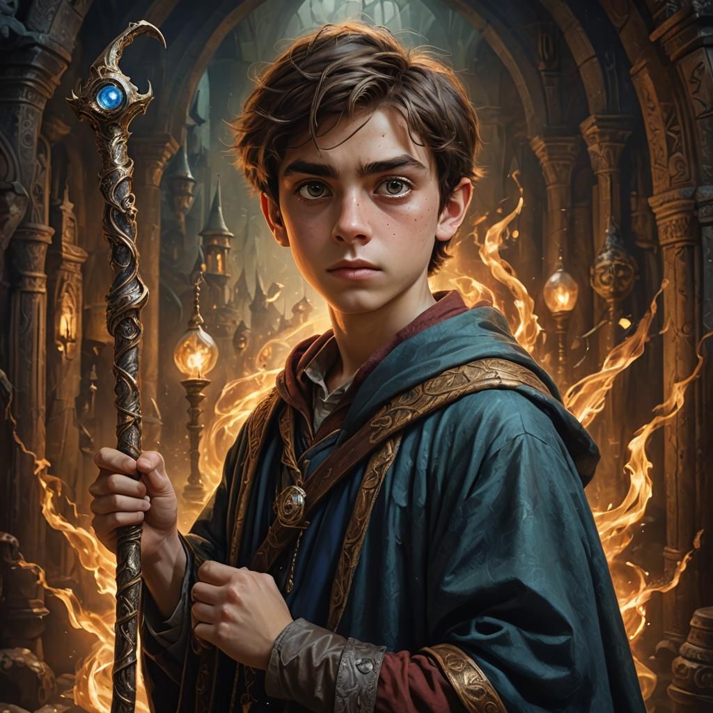 Dramatic Portrait of Young Wizard with Staff