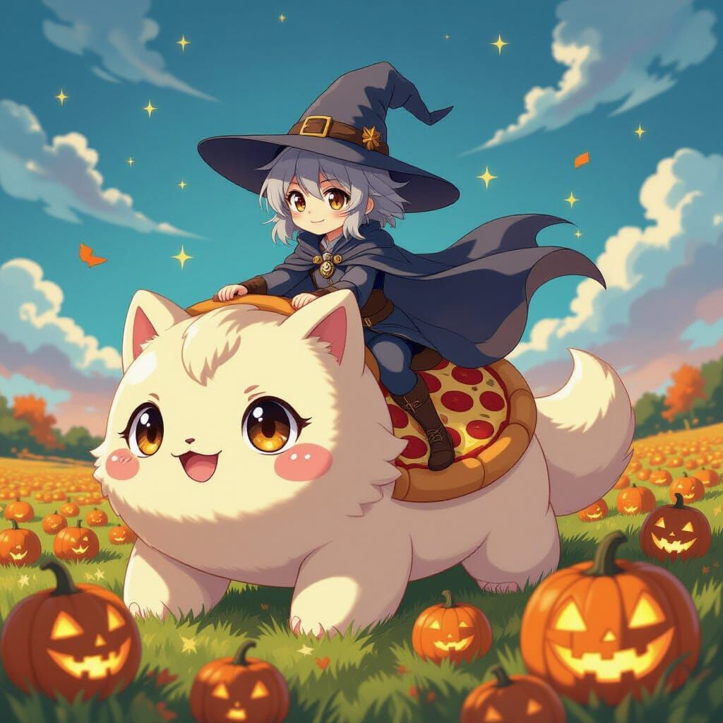 Anime Sorcerer Rides Pizza Creature Through Pumpkin Field