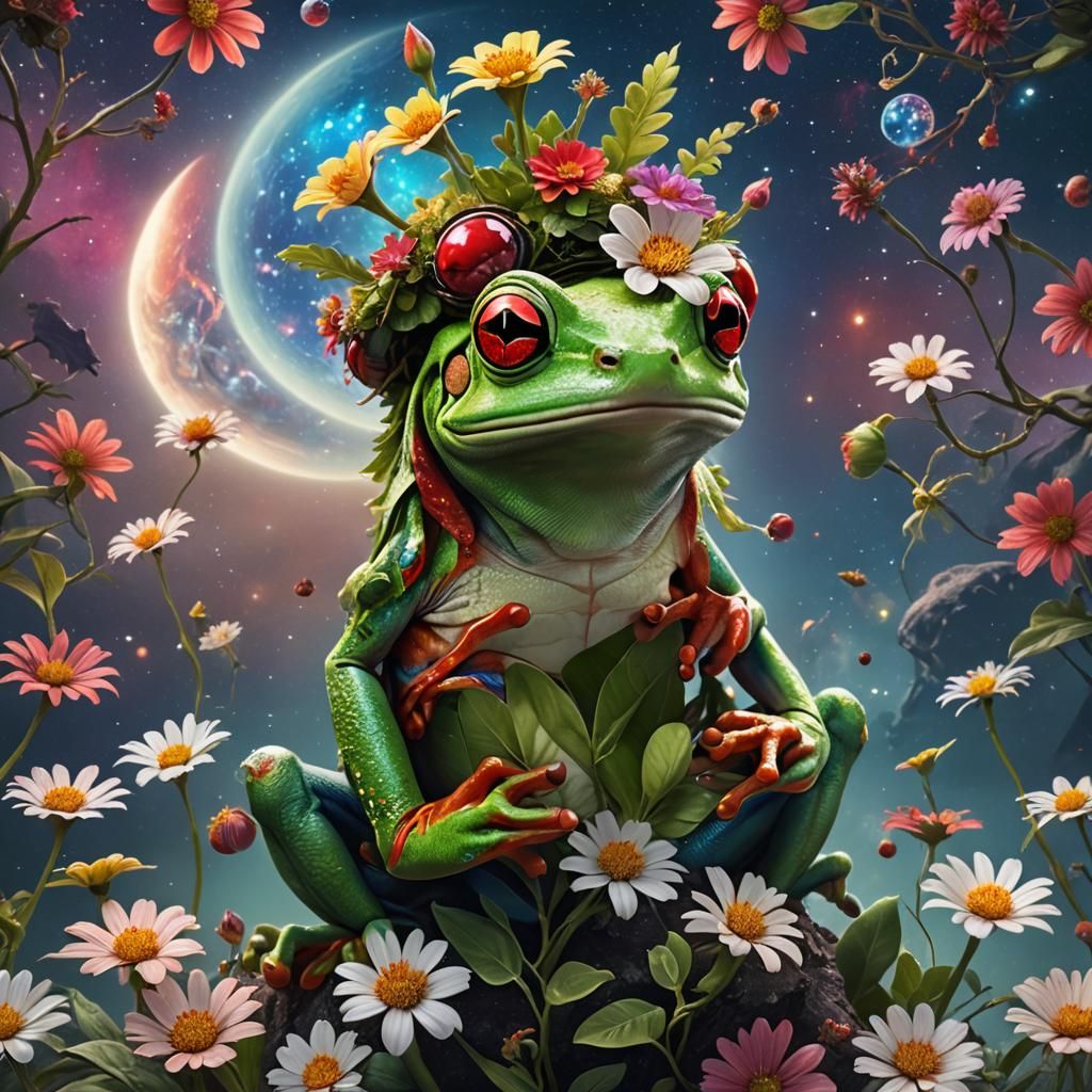 Red-Eyed Frog with Flower Crown on Celestial Planet