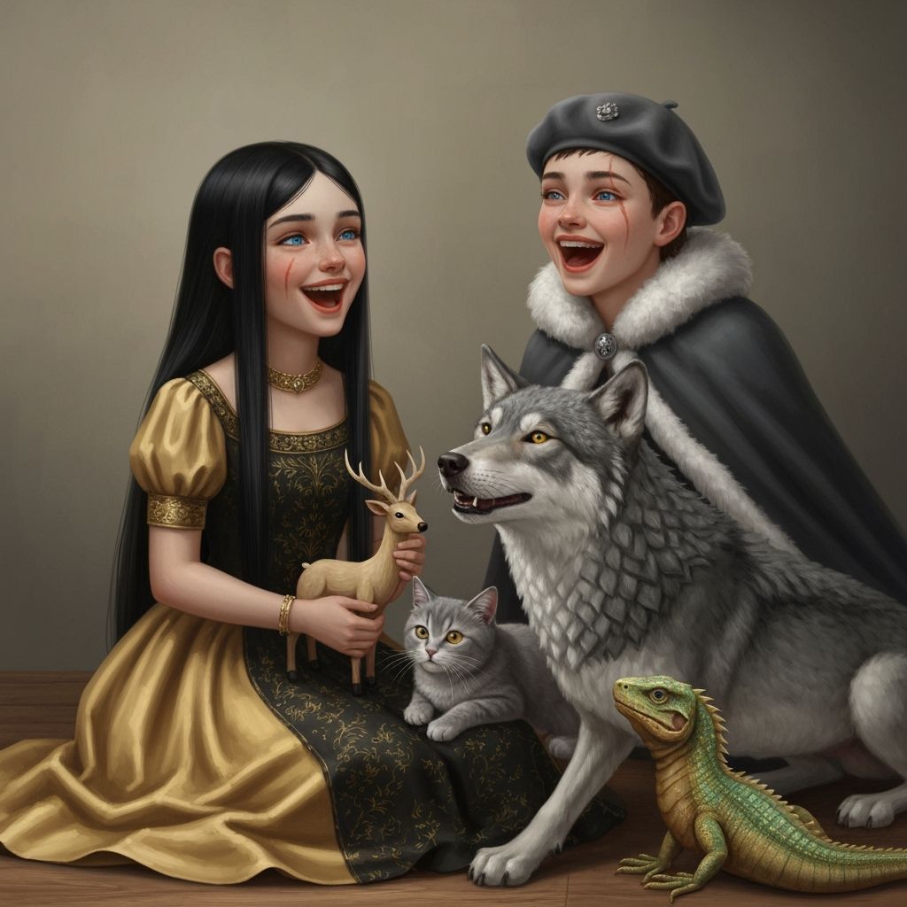 Two Queens Playing with Pets in Oil Painting