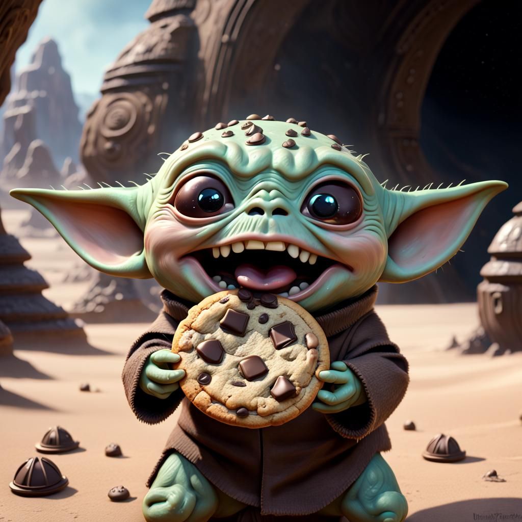 Grogu Holding Cookie: Detailed Fantasy Concept Art