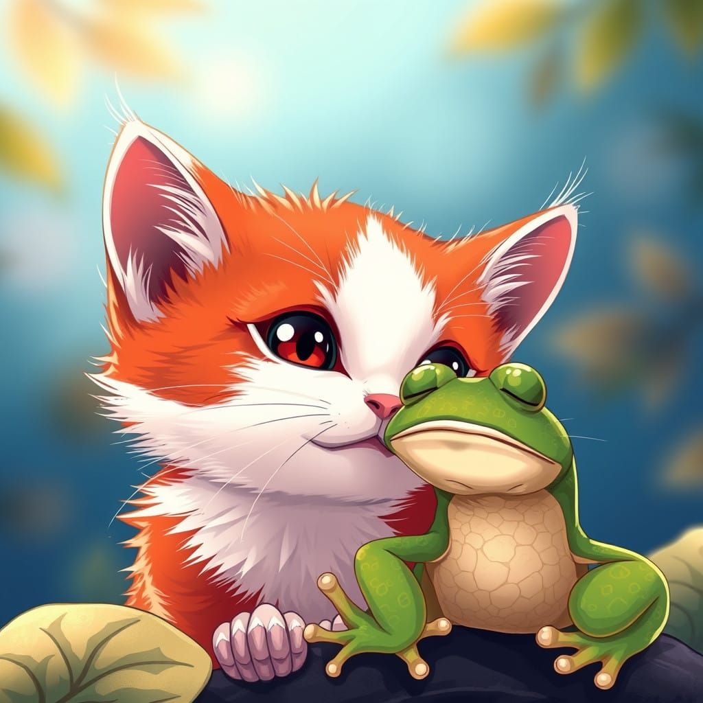 Anime-Style Kitten Sniffs Curious Frog in Serene Japanese Ga...