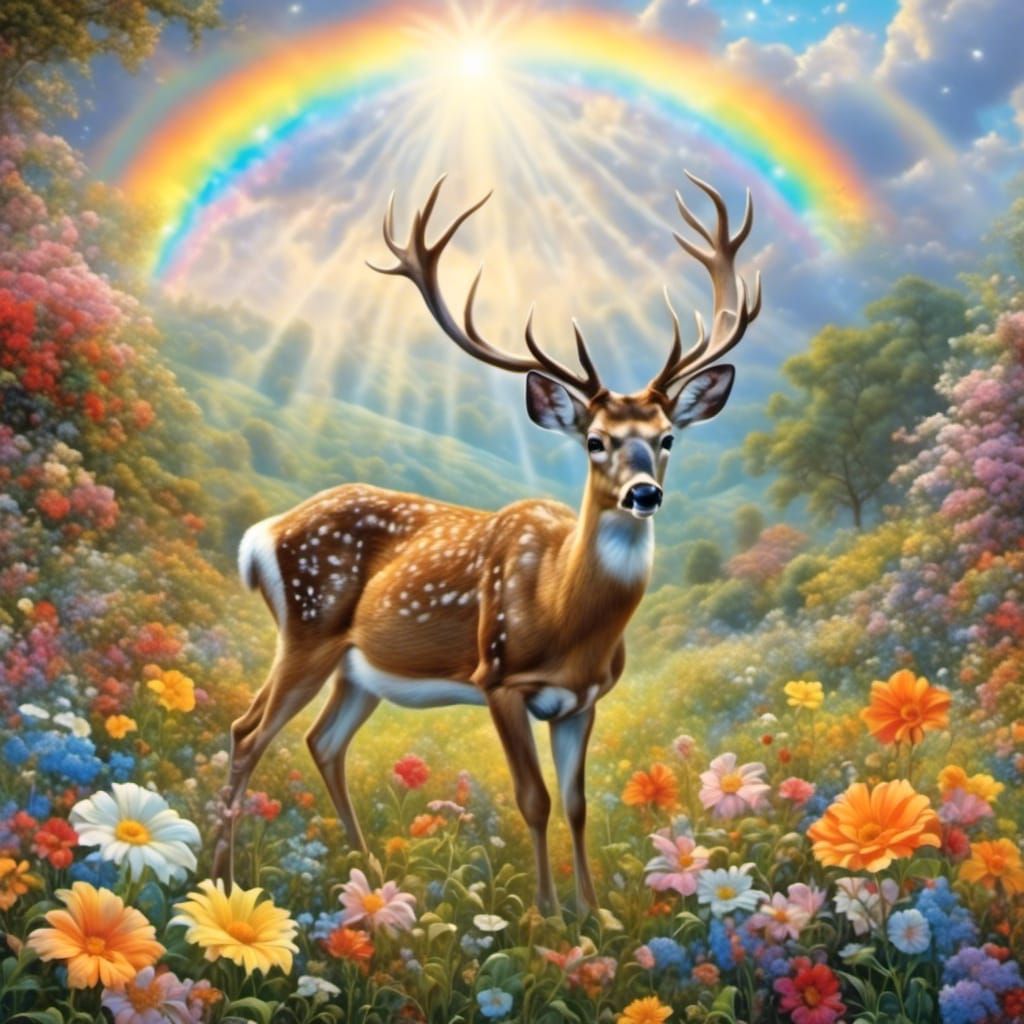 Deer in Rainy Flower Meadow with Rainbow