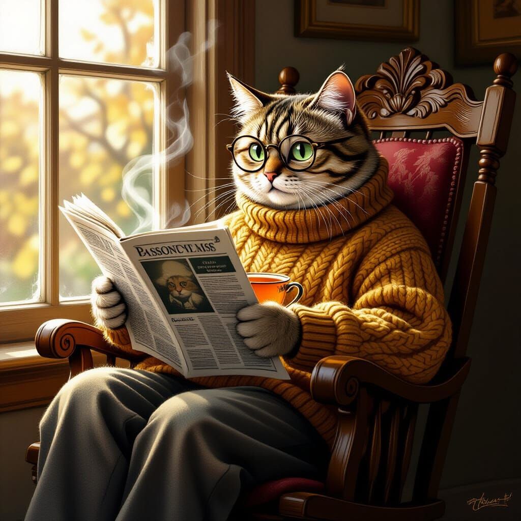 Boomer Cat Reading Newspaper in Ornate Rocking Chair