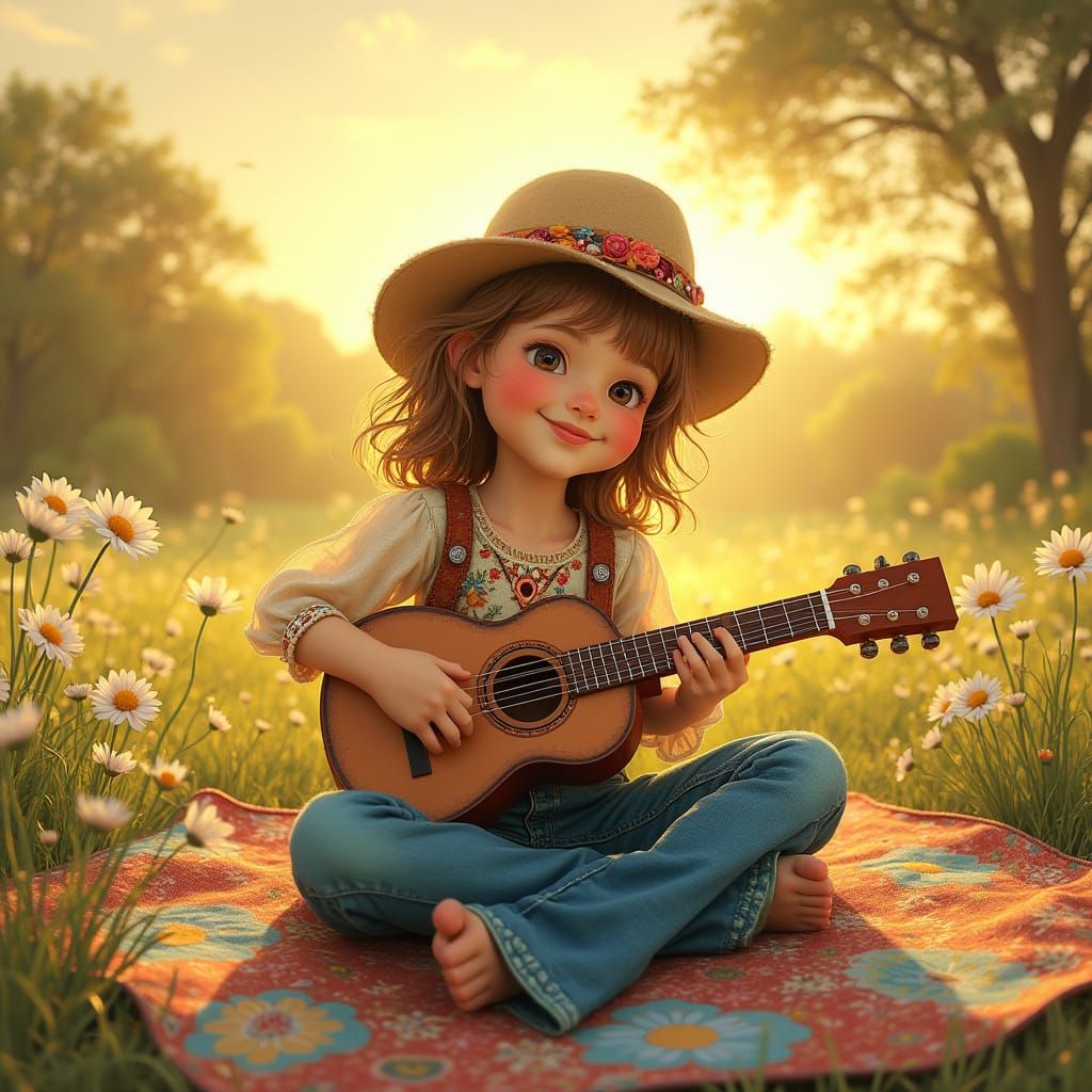 Boho Child Strums Guitar in Sunny Meadow