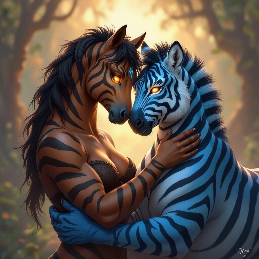 Fantasy Hybrid Creature Embraces Blue Tiger Man