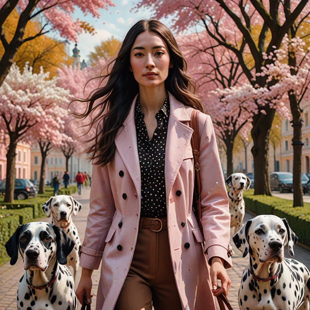 Woman with Dalmatians in Saint Petersburg Garden