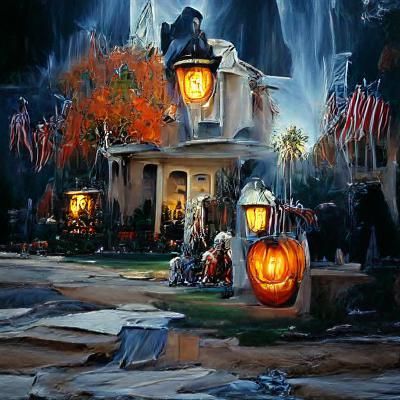 Majestic Halloween Town Lights as Oil Painting