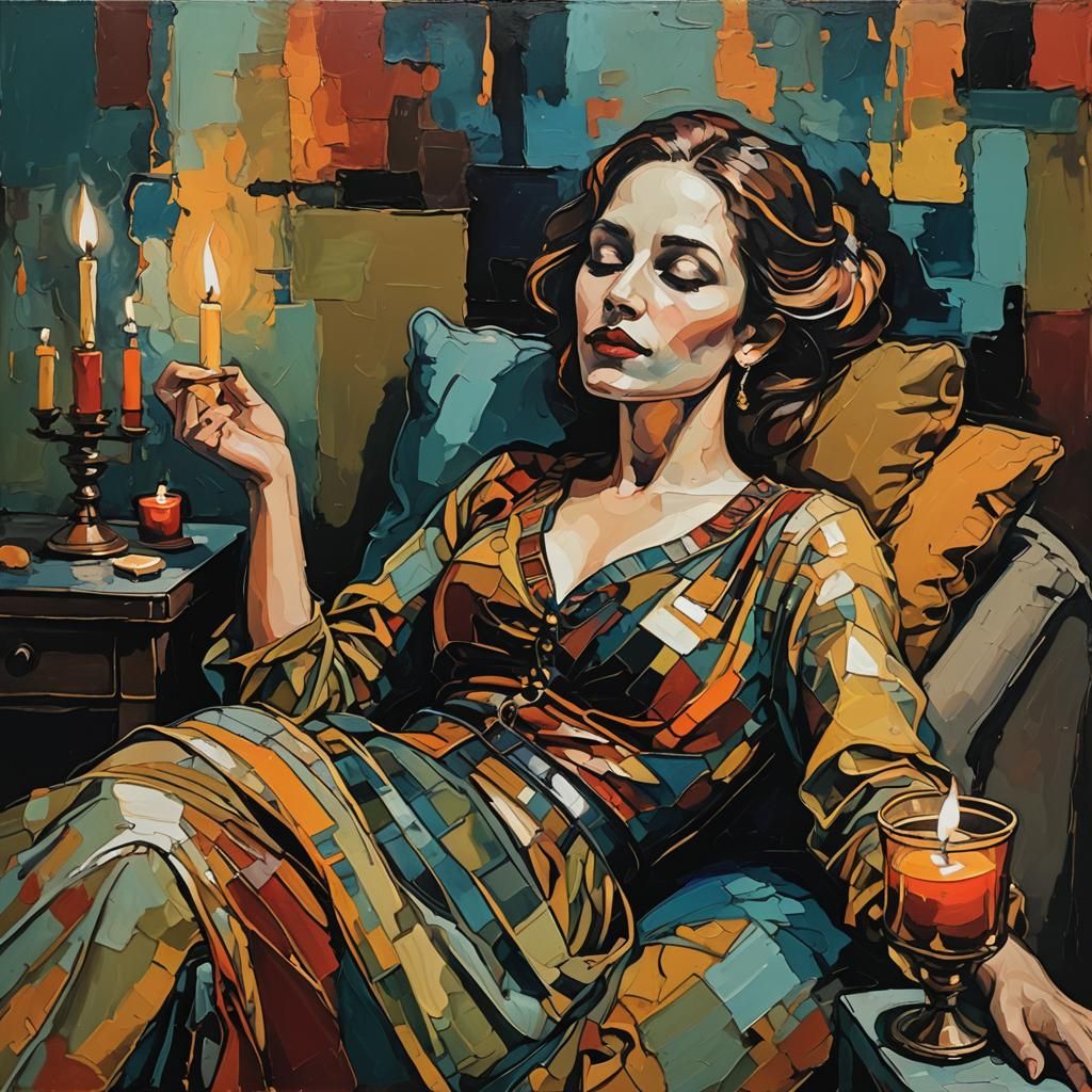 Candlelit Woman Reclining in Abstract Art Style