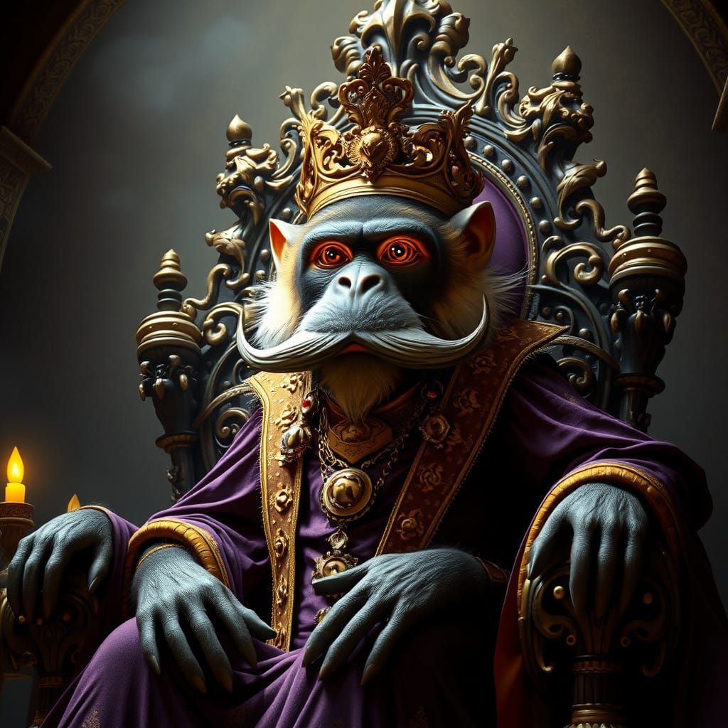 Regal Monkey Monarch with Luxurious Mustache in Dark Fantasy...