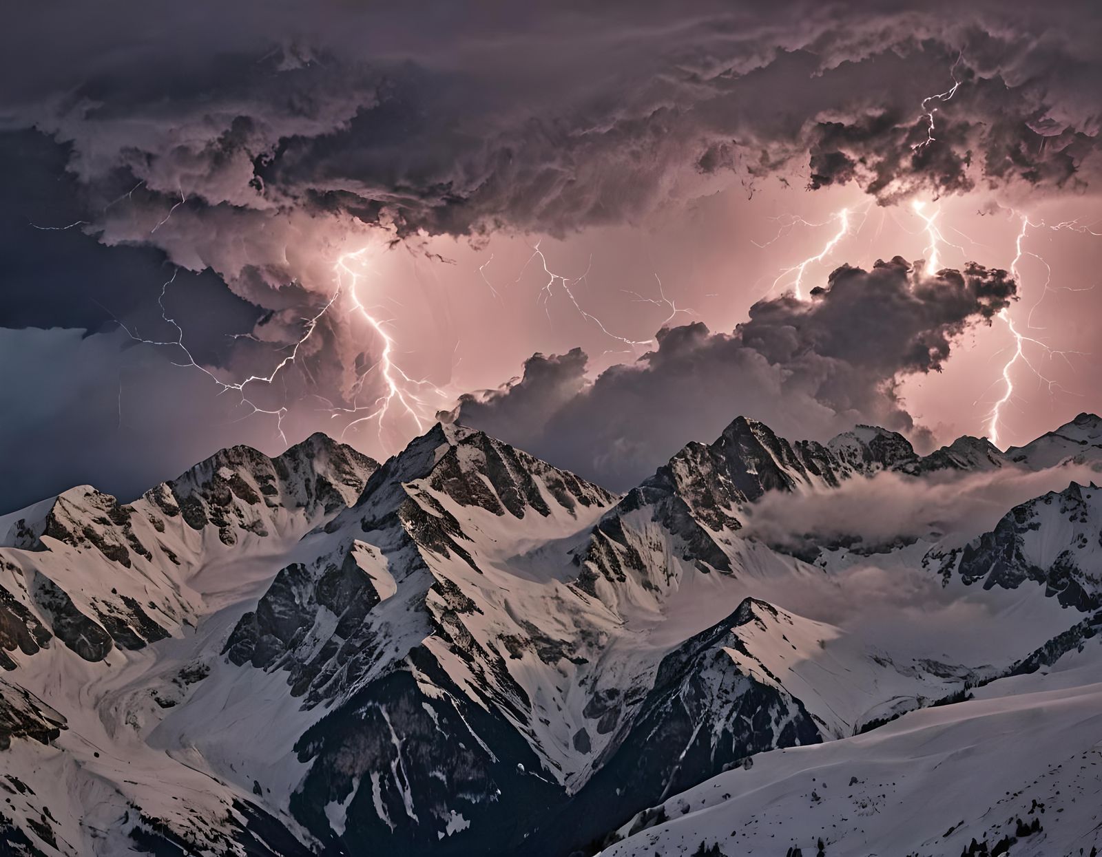 Snowcapped Swiss Alps Under Lightning Storm