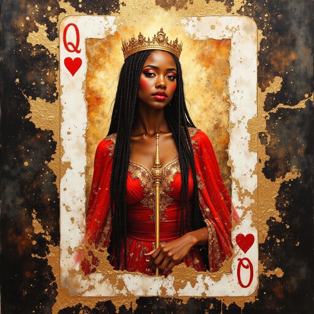Regal African Queen of Hearts Explodes from Playing Card