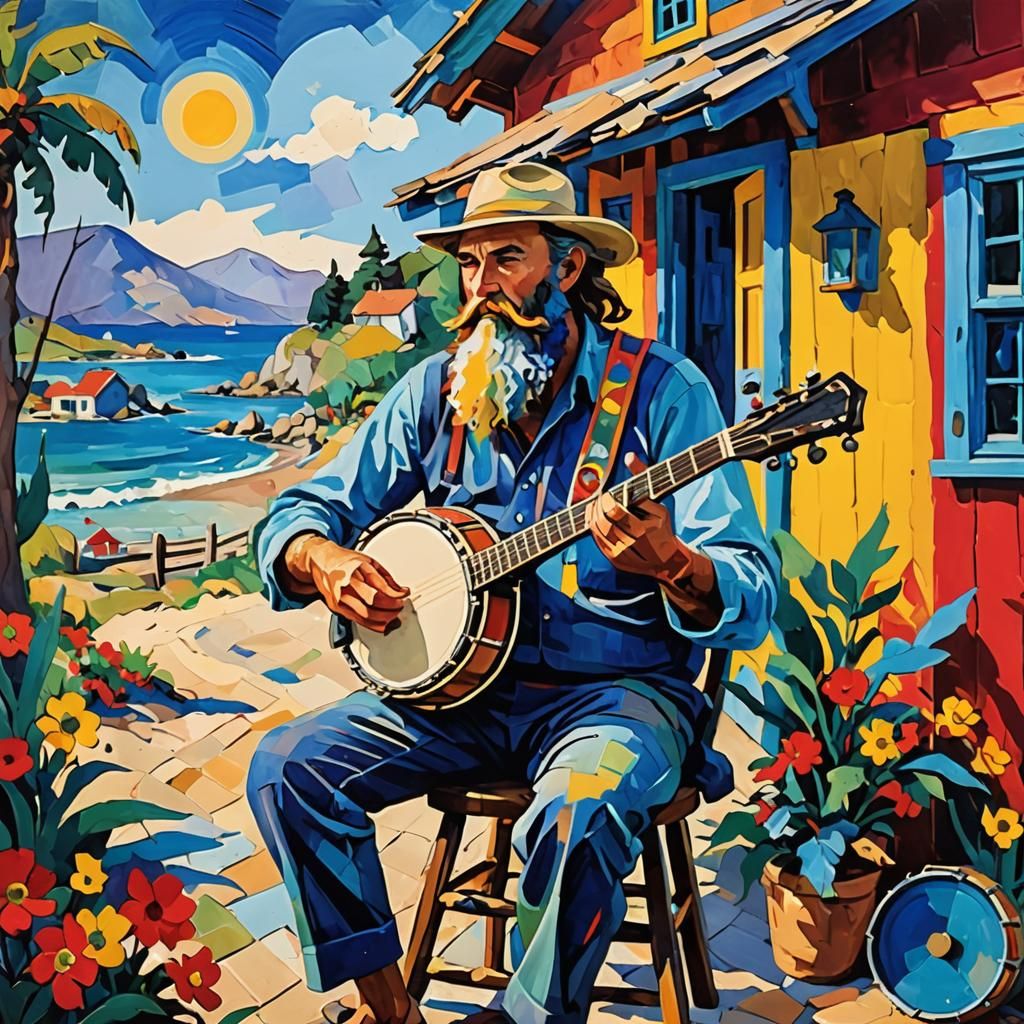 Bearded Man Plays Banjo: Abstract Expressionism Painting