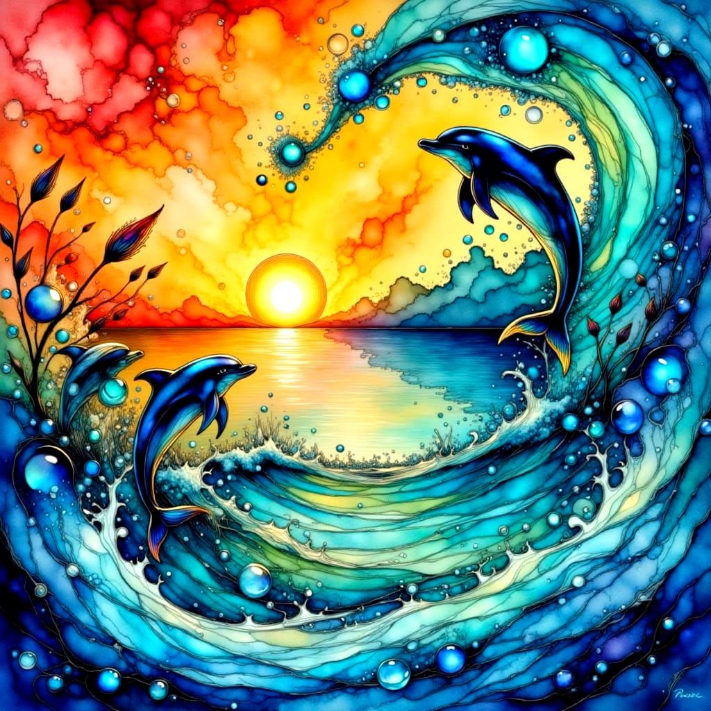 Vivid Sunset Dolphins in Textured Impasto Watercolor