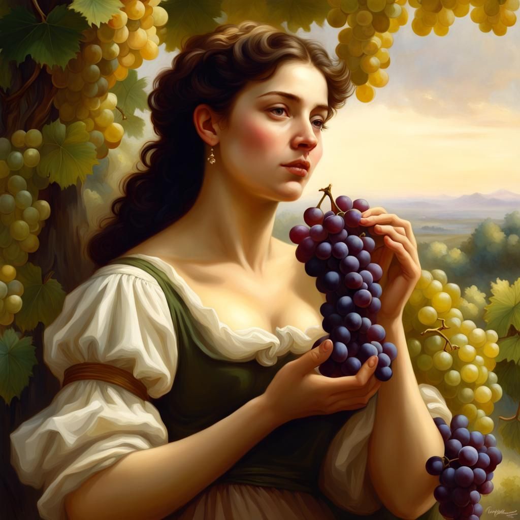 Classical Oil Painting of a Woman Picking Grapes