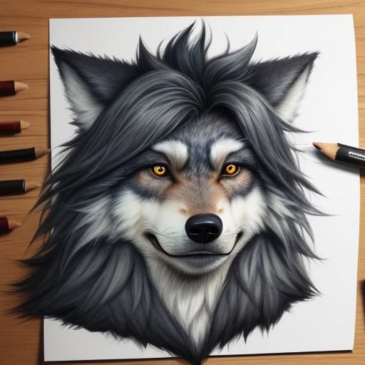 Humorous Fluffy Wolf Portrait in Gris Grimly-Pixar Style