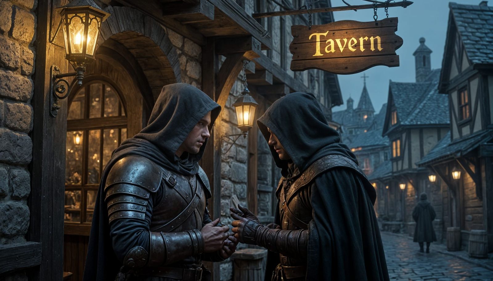 Medieval Tavern Meeting: Young Man and Shadowy Figure