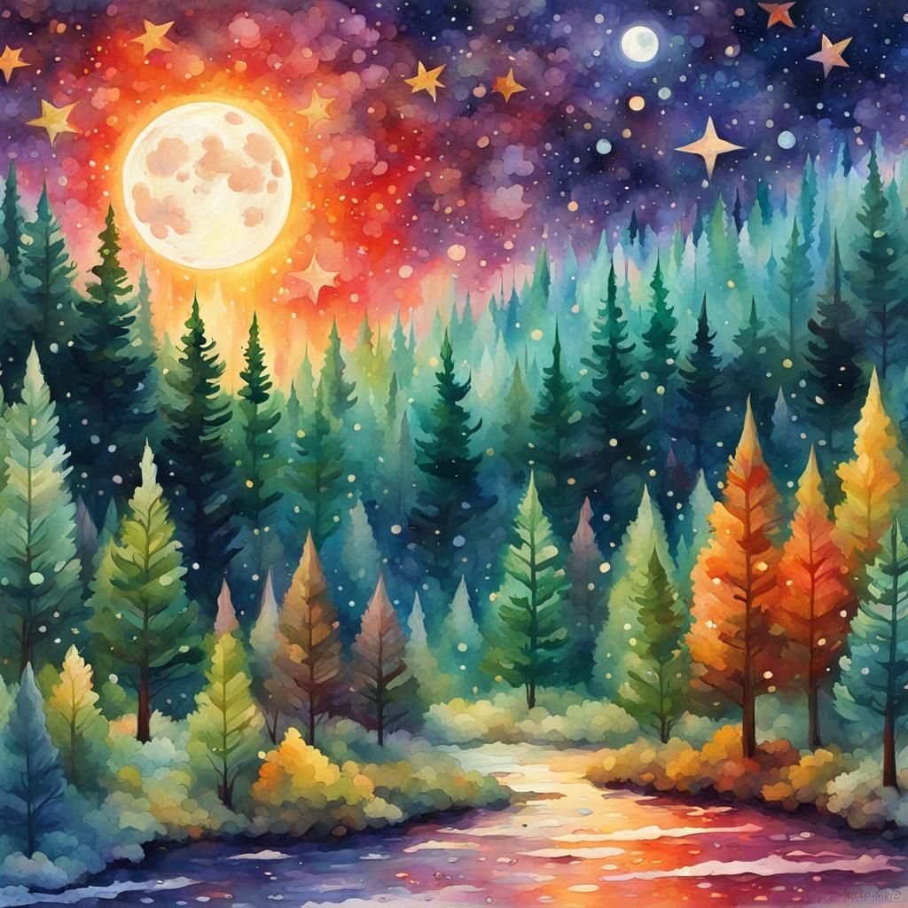 Watercolor Forest Under Moonlight with Shooting Stars