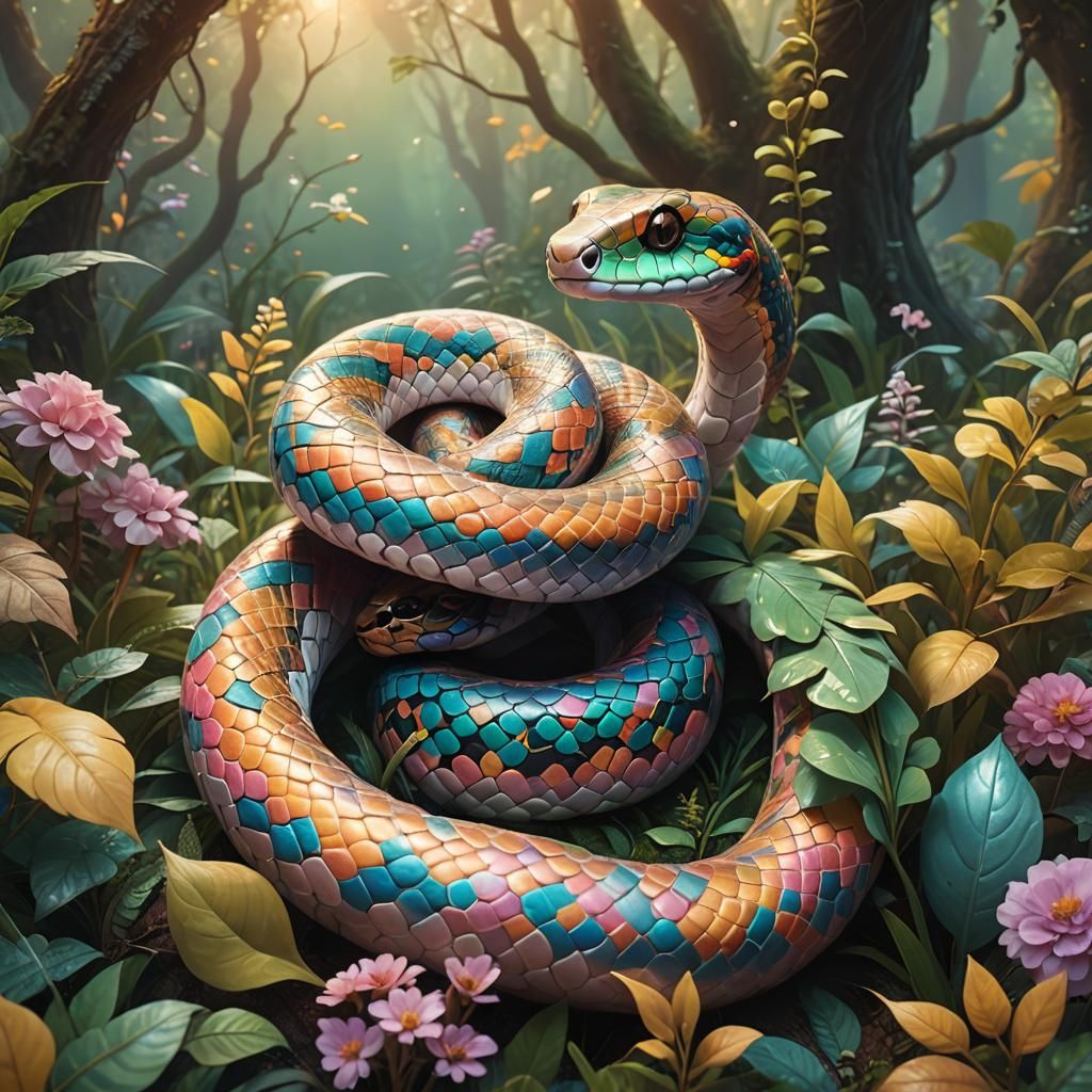 Pastel Boa Snake in Whimsical Forest, Matte Painting