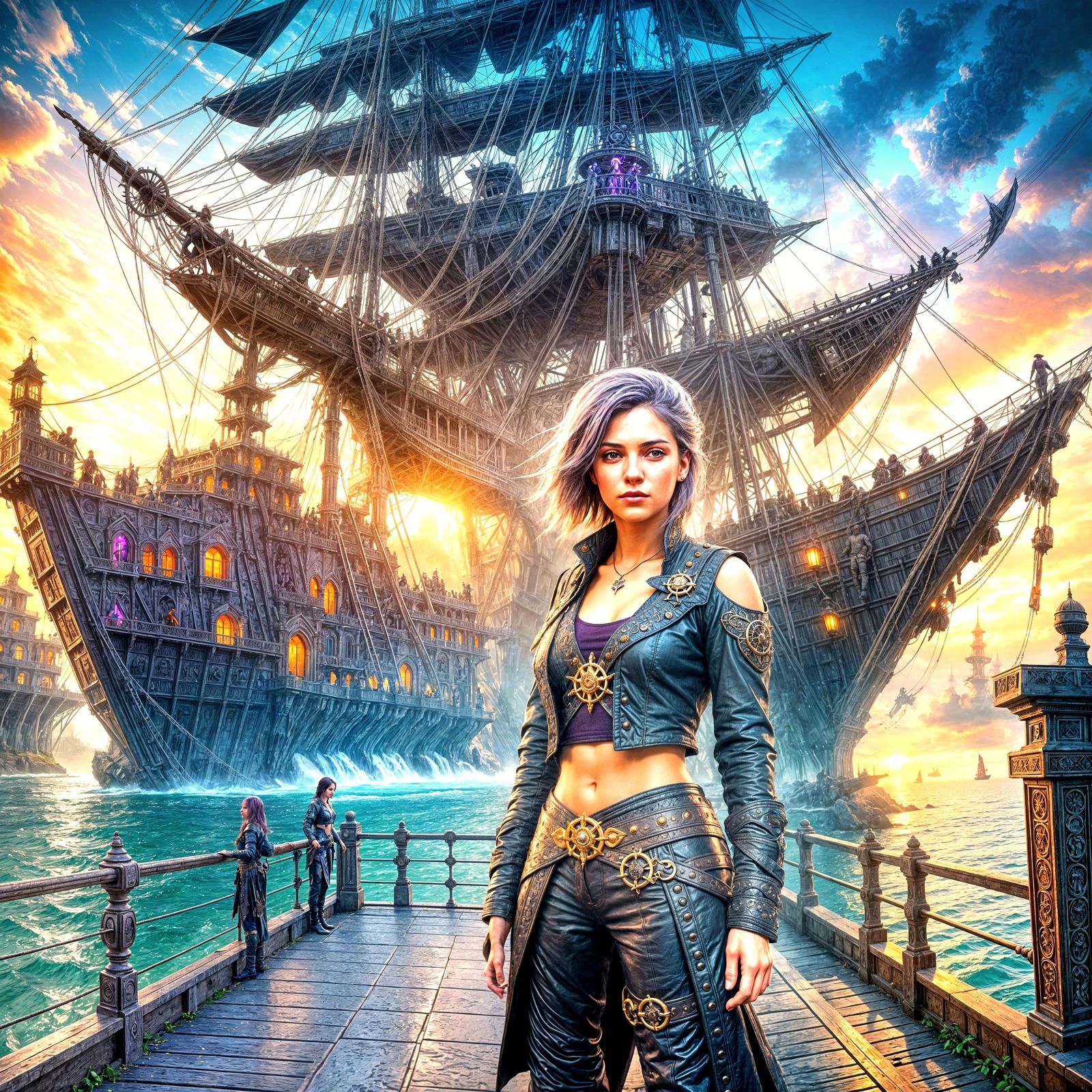 Lilac-Haired Pirate Girl on Pier, Dark Fantasy Art