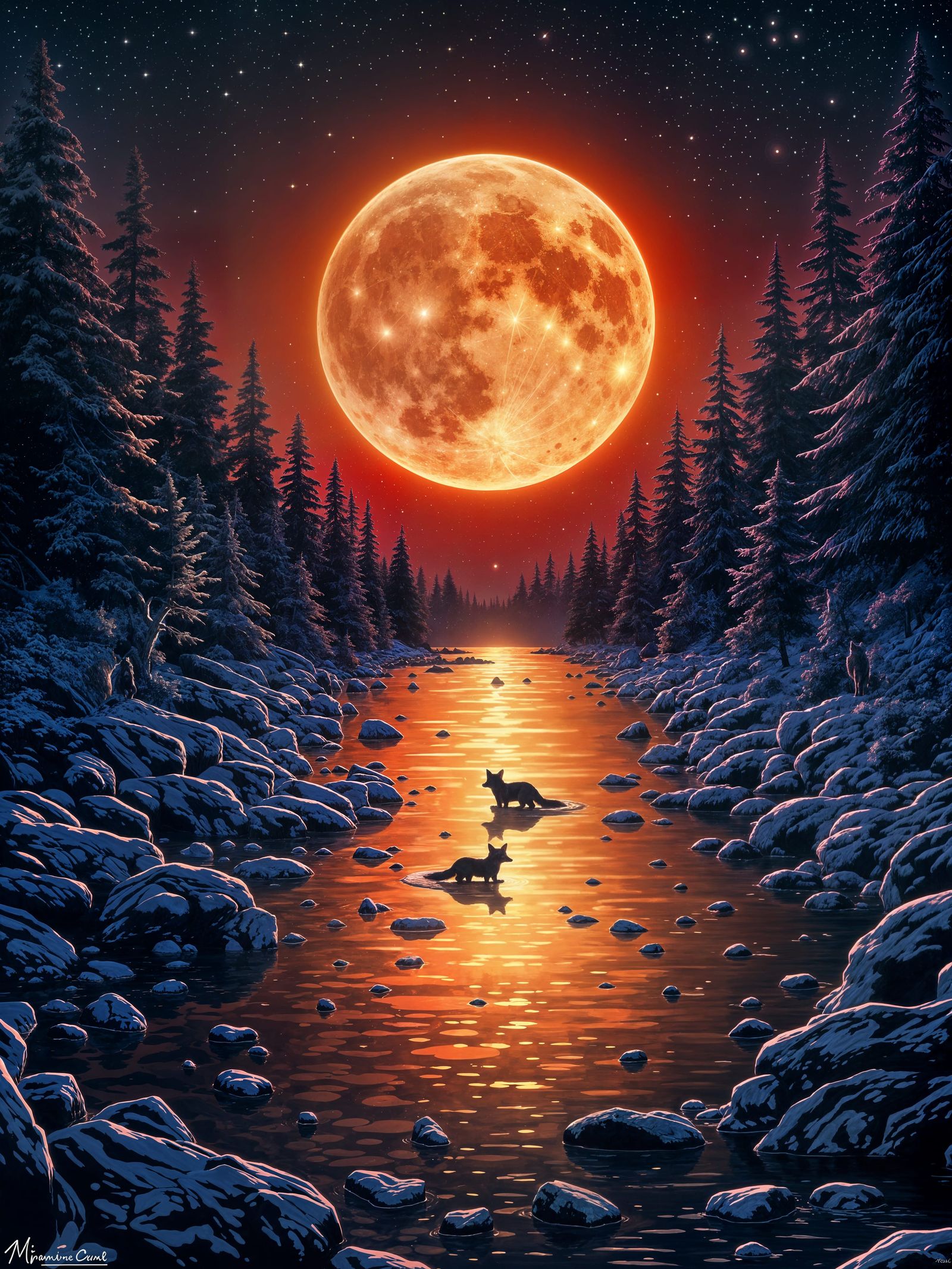 Blood Moon Over Tranquil River: Ethereal Night Scene