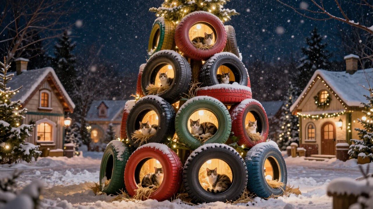 Whimsical Cat Village Christmas Scene
