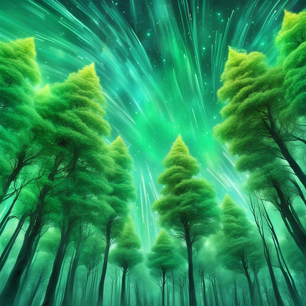 Green Trees in Wind: Cosmic Astral Illustration