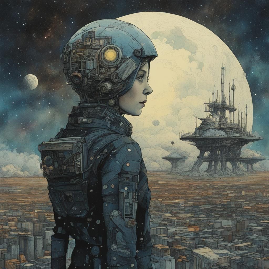 Android Gazing at Futuristic Space Colony