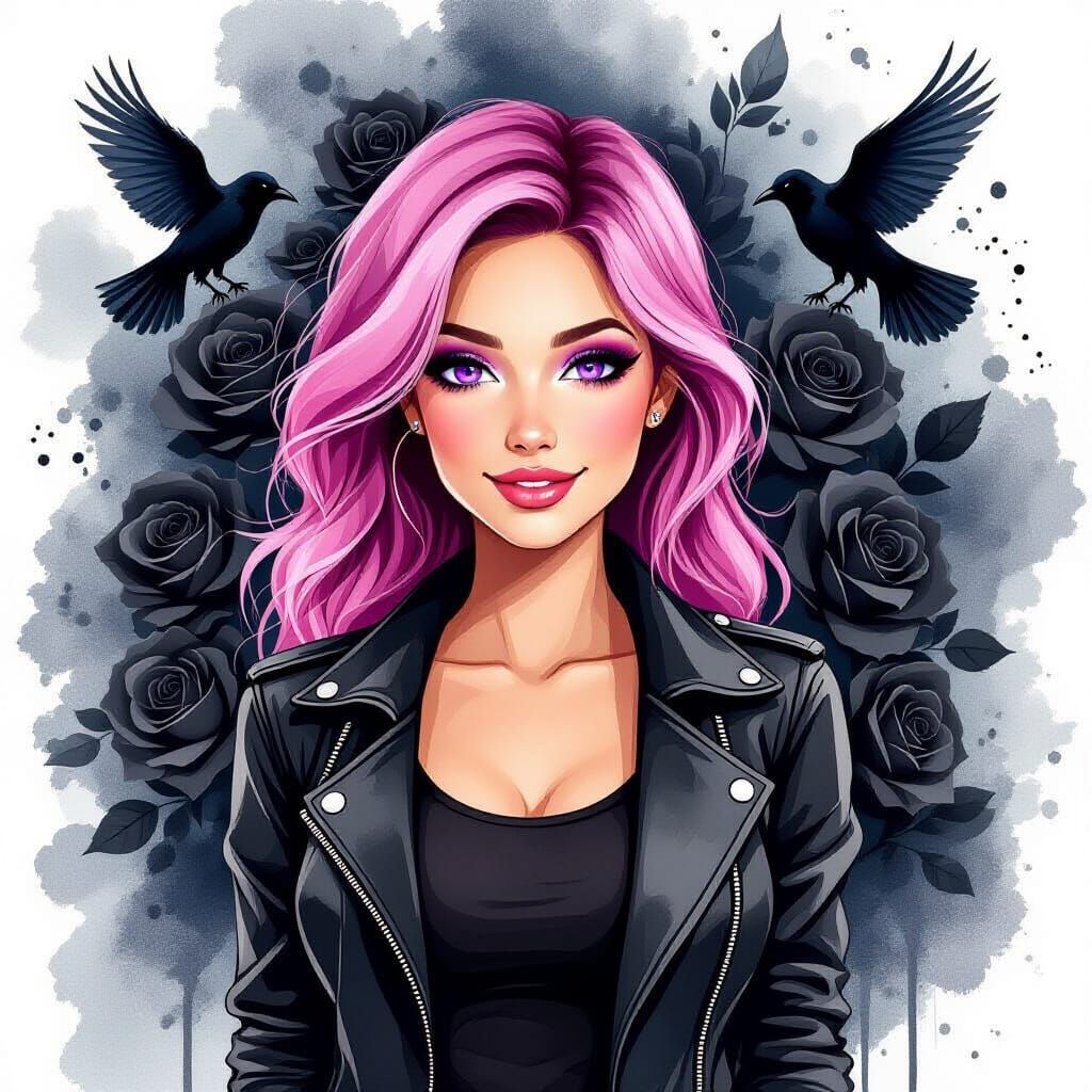 Woman Smiles Amidst Black Roses in Alcohol Ink Style