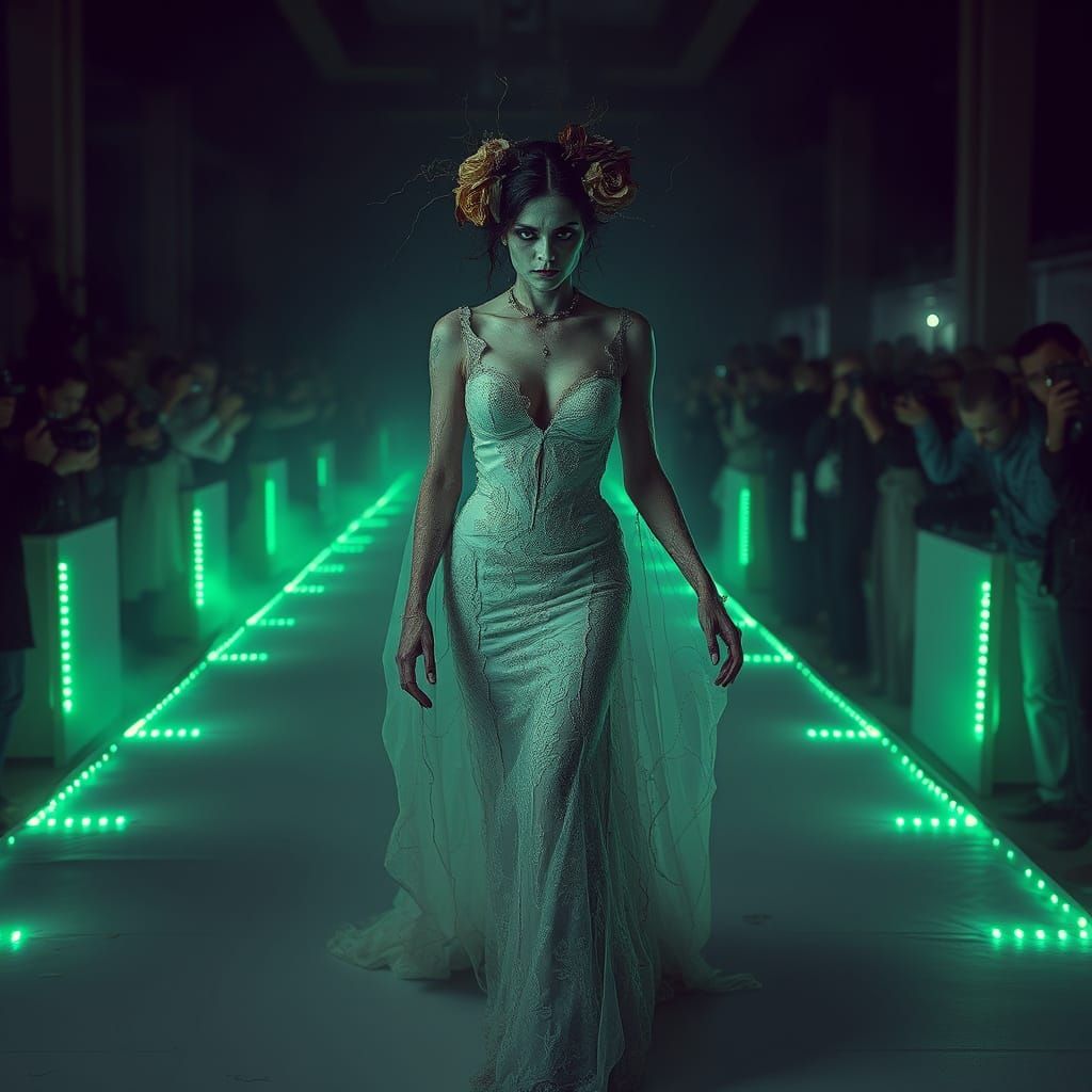 Undead Bride Struts Down Dark Runway in Elegant, Tattered Go...