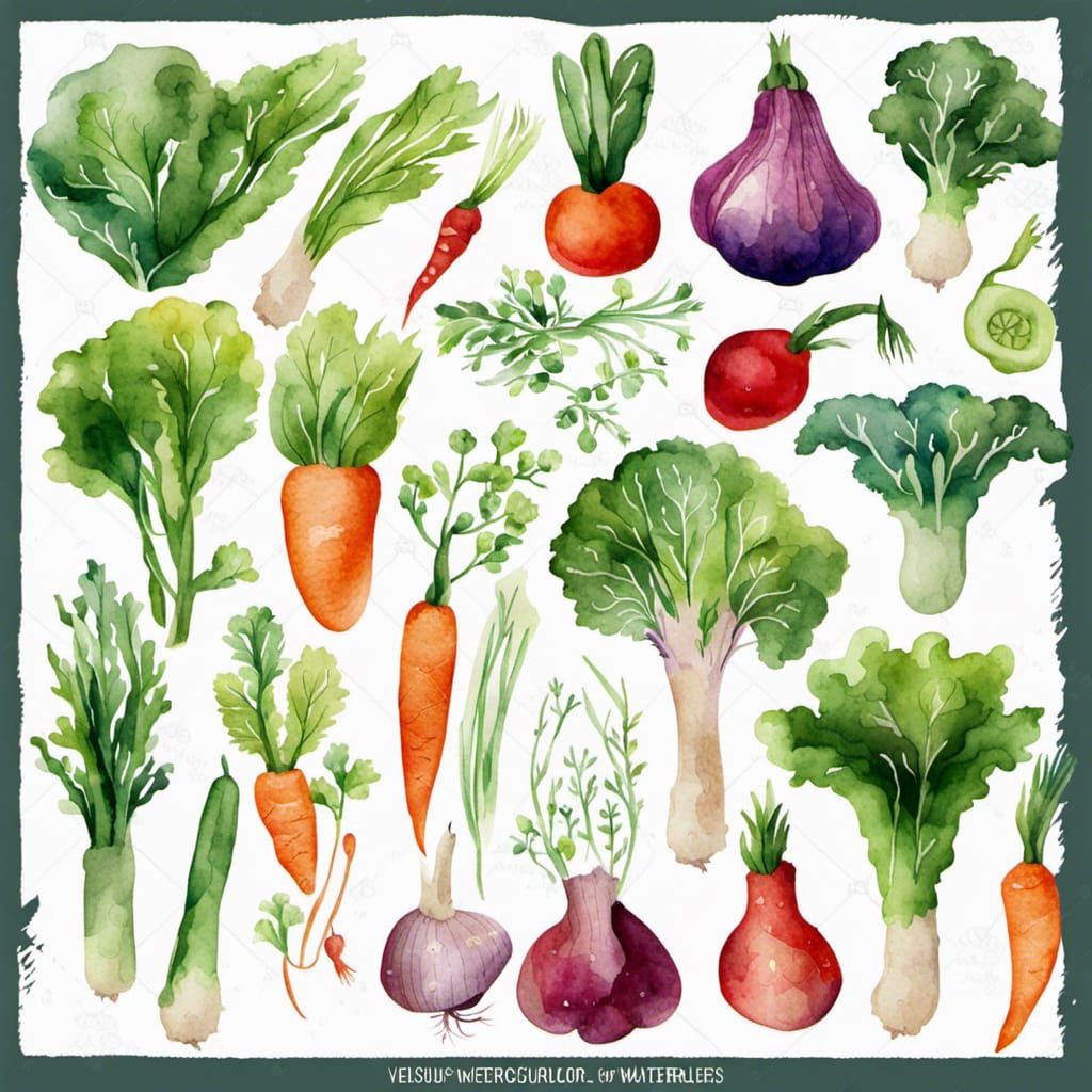 Watercolor Vegetables Clipart with Floral Elements