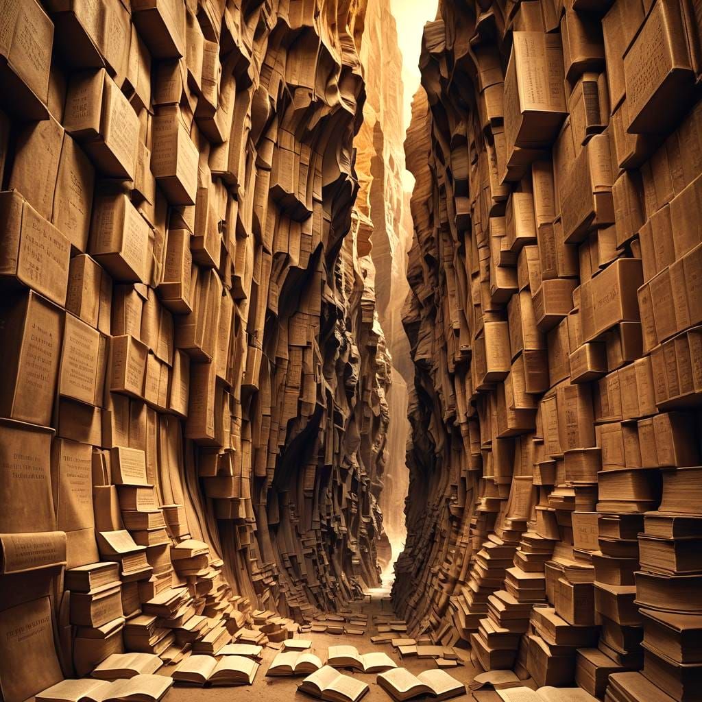 Hyperrealistic Canyon of Books in HDR