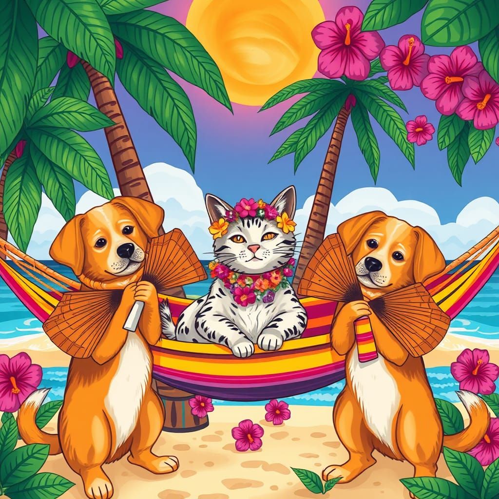 Tropical Cat Relaxes with Attendants, Dreamy Illustration