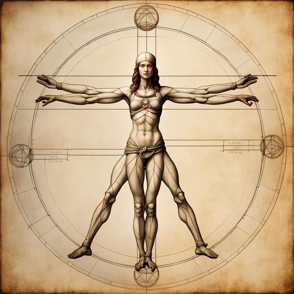"The Vitruvian Woman: 1490 drawing inspired by Vitruvius. Woman in overlapping positions forming circle & square, Cinema...