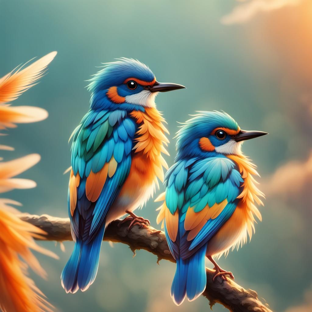 Vibrant Birds in Misty Anime-Inspired Atmosphere