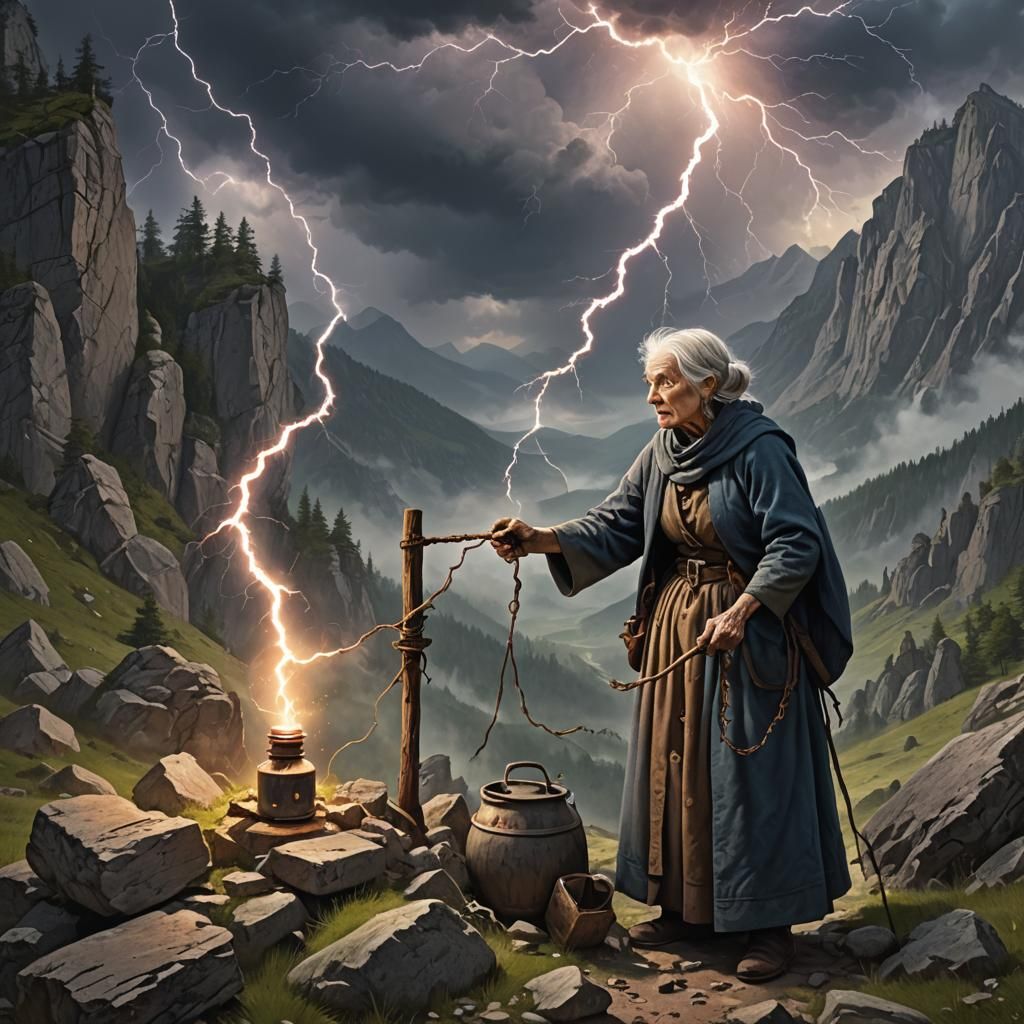 Fantasy Old Woman Bottles Lightning in Mountains